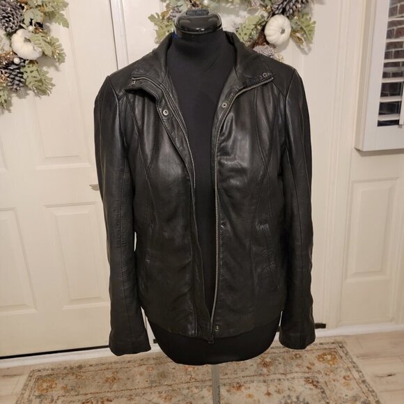 Andrew Marc Black Leather Moto Biker Jacket Women’s L | Classic Streetwear - Picture 8 of 12